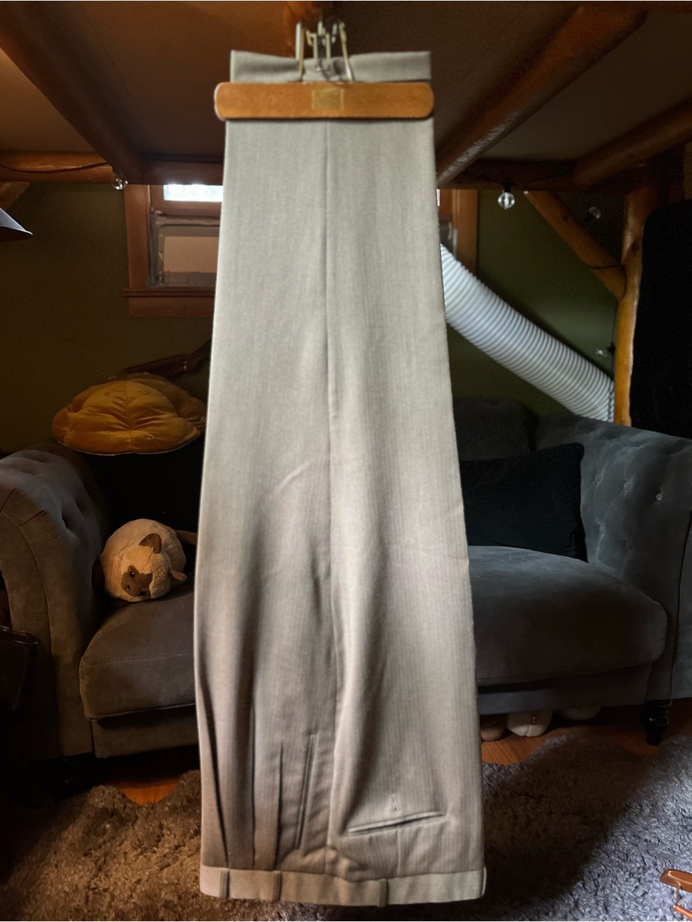 Mens Triple Pleated Tan Wool Herringbone Trousers